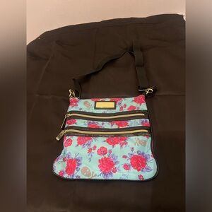 Betsey Johnson aqua blue pink purple floral & gray skull crossbody handbag